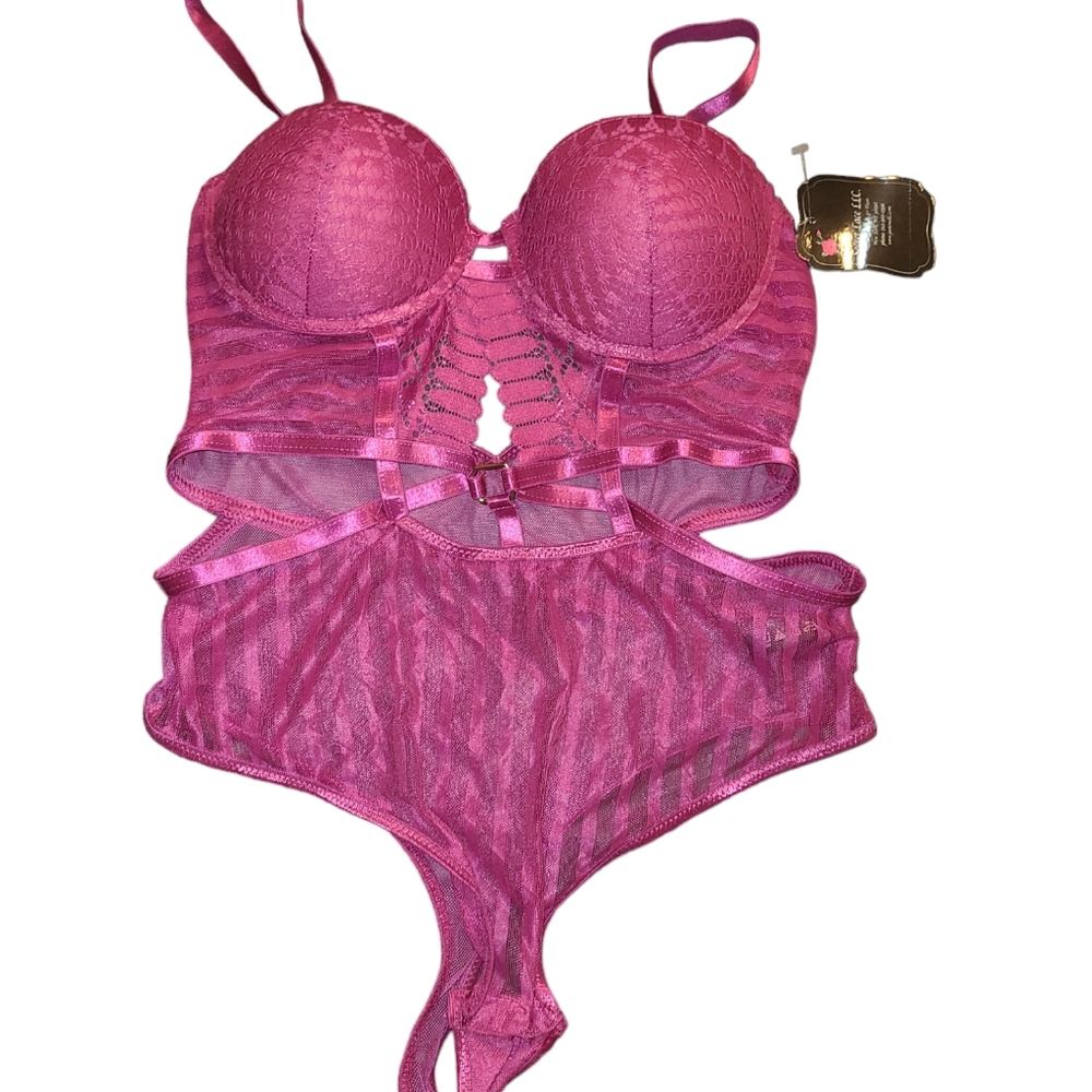💕SECRET Lace Striped Mesh Petal Lace Cutout Bodysuit💕Size Large